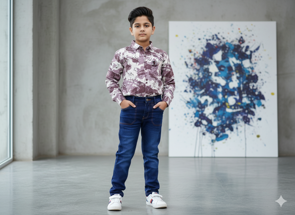 Boys Stylish Printed Shirt & Denim Jeans Pant Set