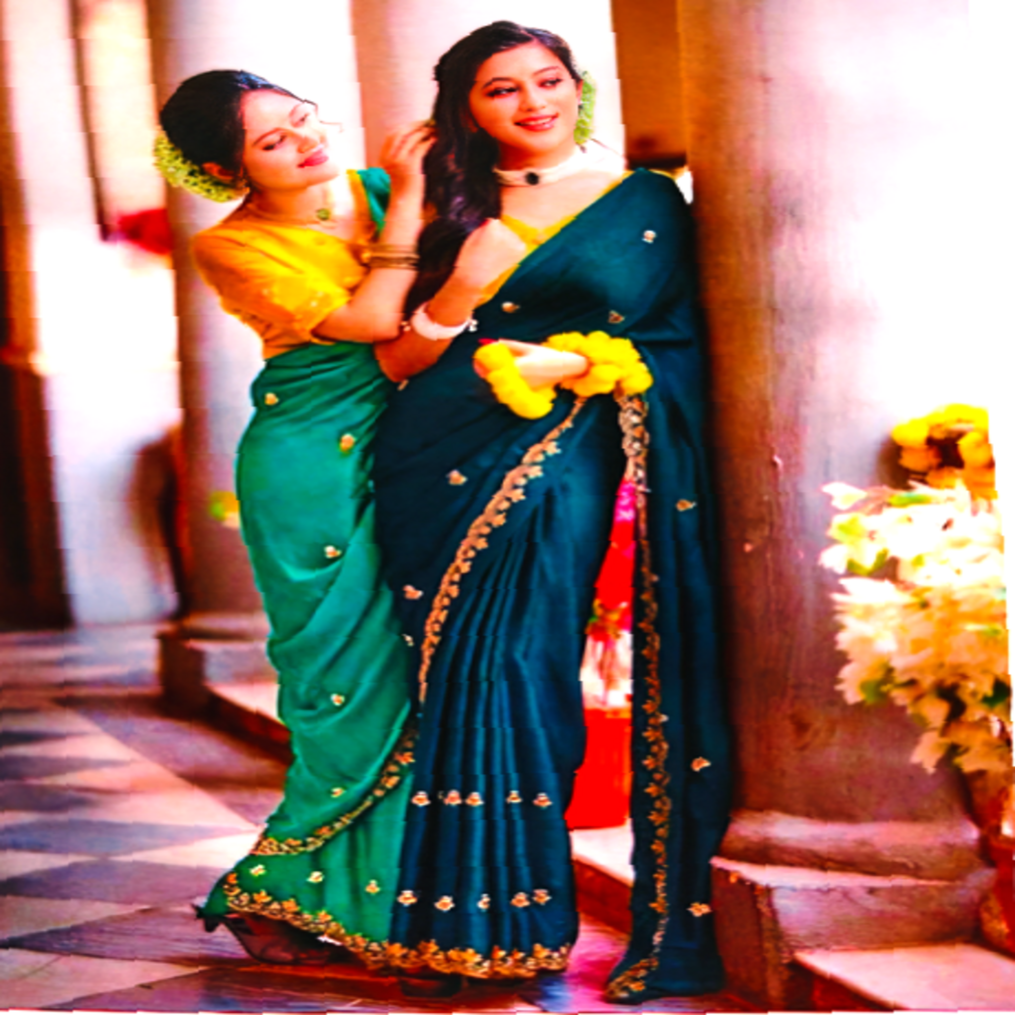 Elegant Golden Embroidery Saree & Mustard Multicolour Blouse