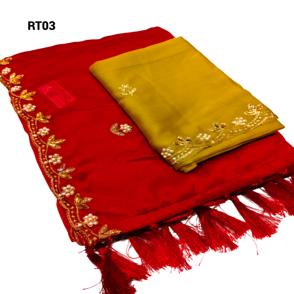 Elegant Golden Embroidery Saree & Mustard Multicolour Blouse