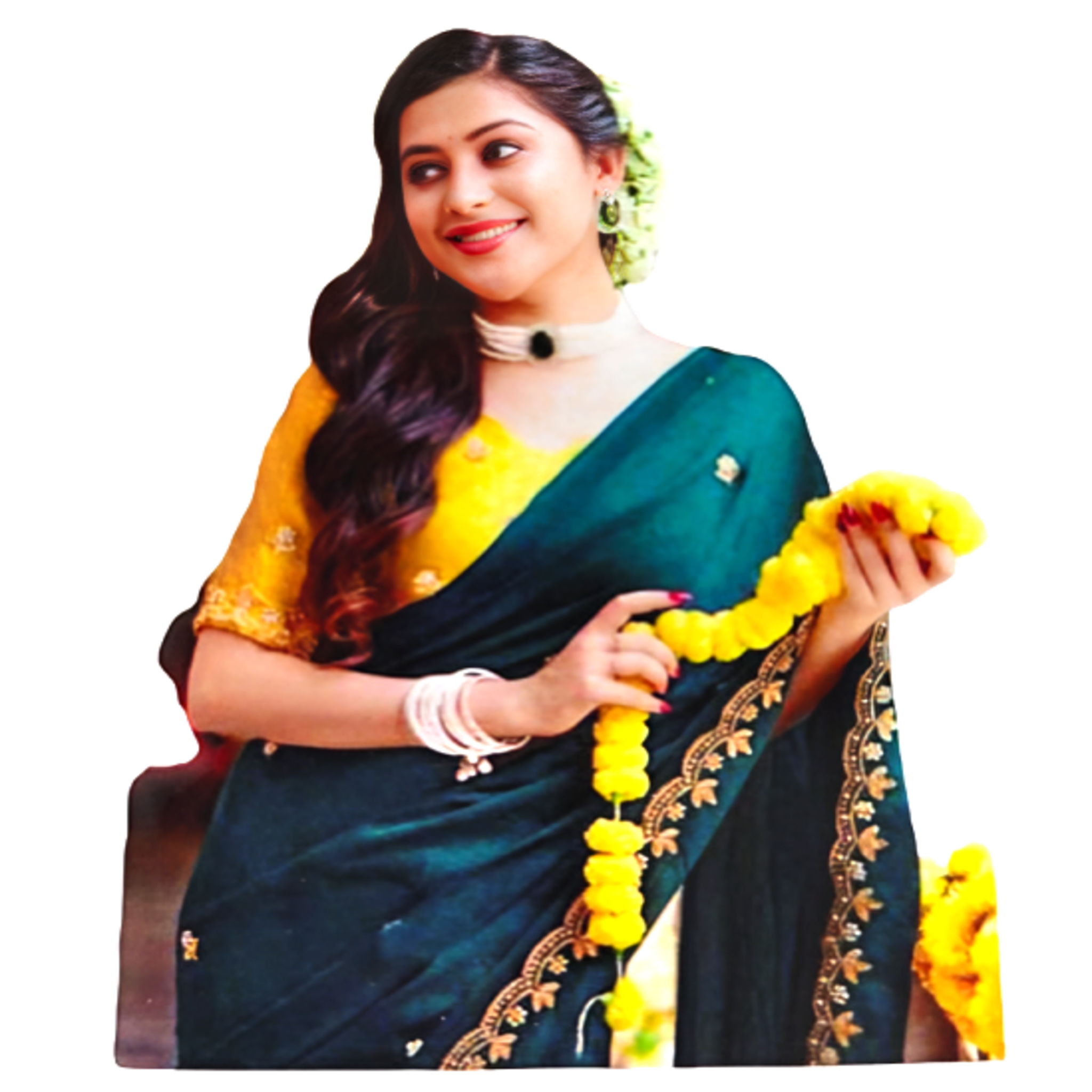 Elegant Golden Embroidery Saree & Mustard Multicolour Blouse