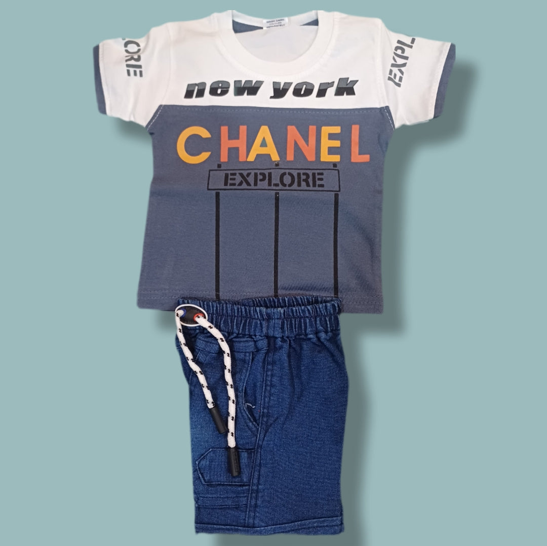 Trendy Kids Casual Outfit – Printed T-Shirt & Denim Shorts Set