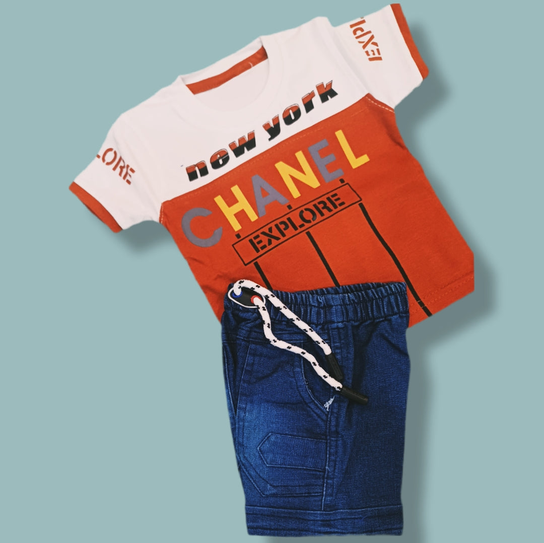 Trendy Kids Casual Outfit – Printed T-Shirt & Denim Shorts Set