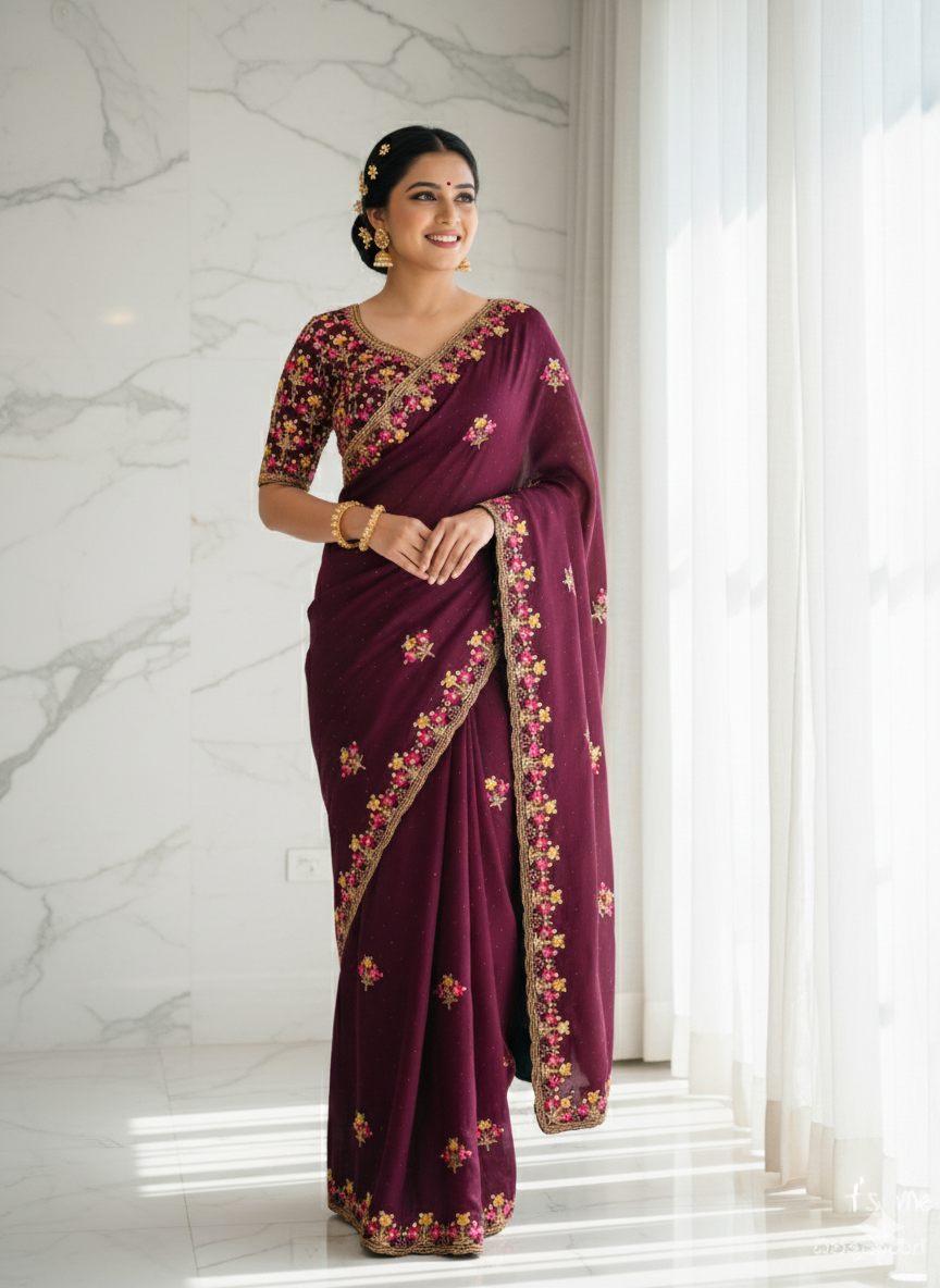 Georgette Floral Embroidery Border & Blouse Piece (Multi-Color)