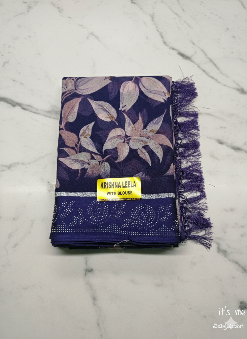 Krishna Leela Purple Floral Printed Saree with Blouse