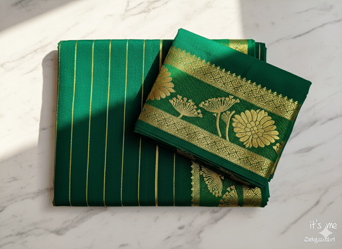 Mysore Crape Saree With Zari  Line, Golden Floral Zari Border (Dual Blouse)