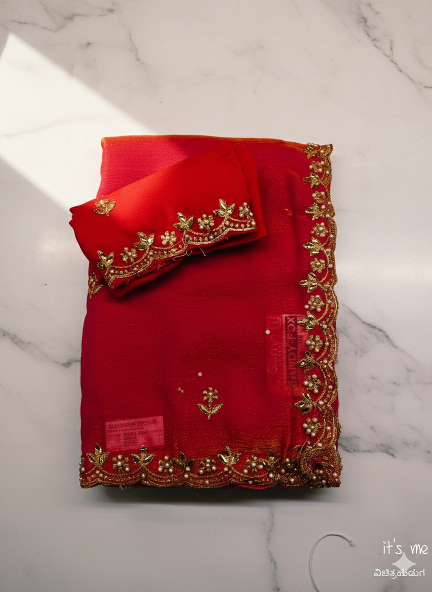 Designer Chiffon Saree with Golden Embroidery Border