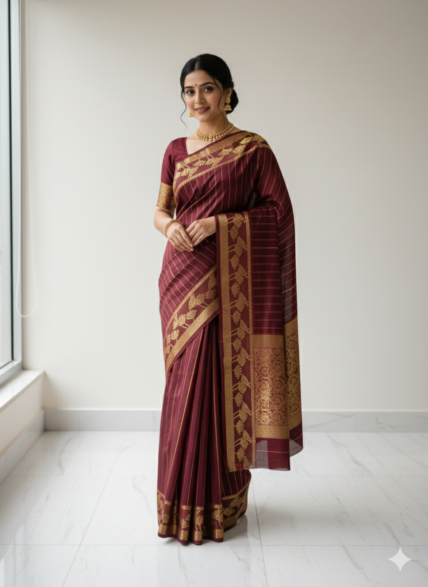 Mysore Crape Saree With Zari  Line, Golden Floral Zari Border (Dual Blouse)
