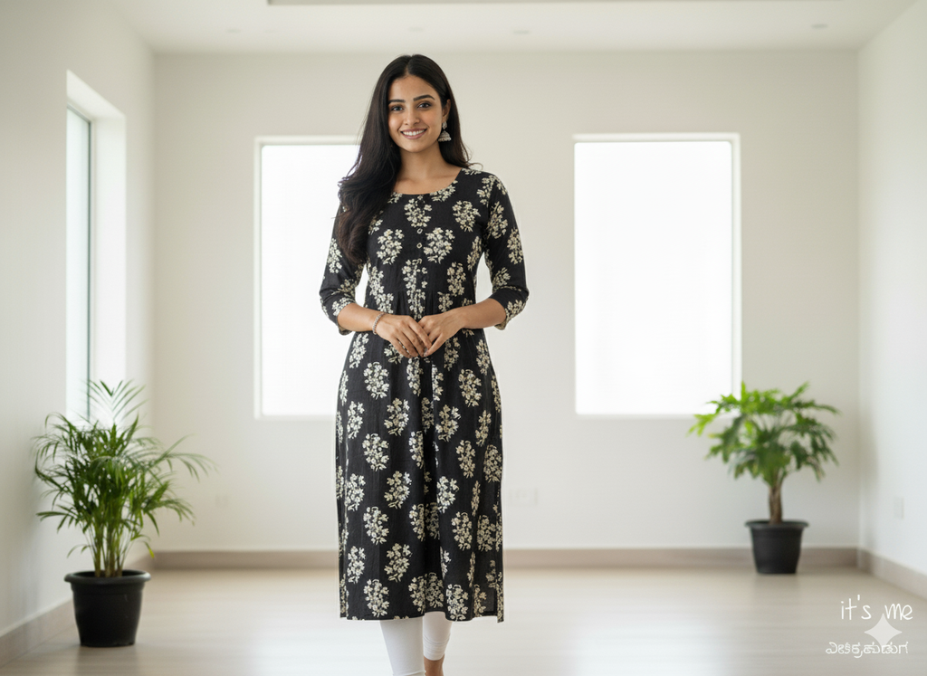 Teal Leaf Printed A-Line Kurta ( Top Only)