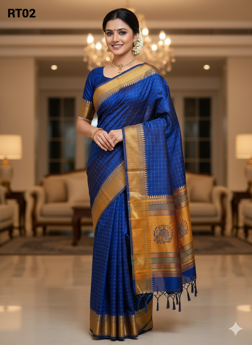 Ilakal Traditional Woven Jari Border Cotton Blended Star Pattern Stripe Pallu