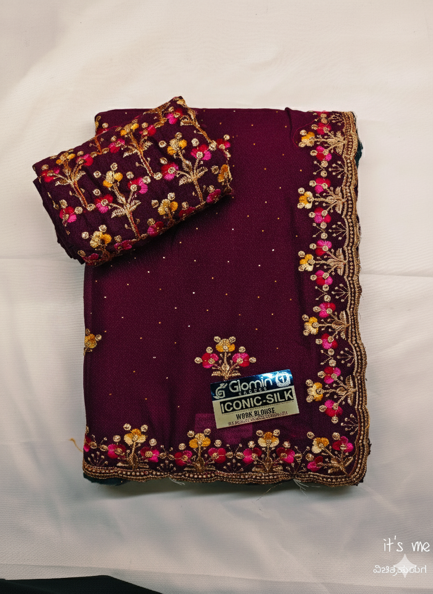 Georgette Floral Embroidery Border & Blouse Piece (Multi-Color)