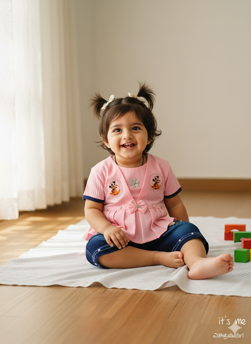 Girls' Orange Top and Denim Shorts Set with Floral Embellishments