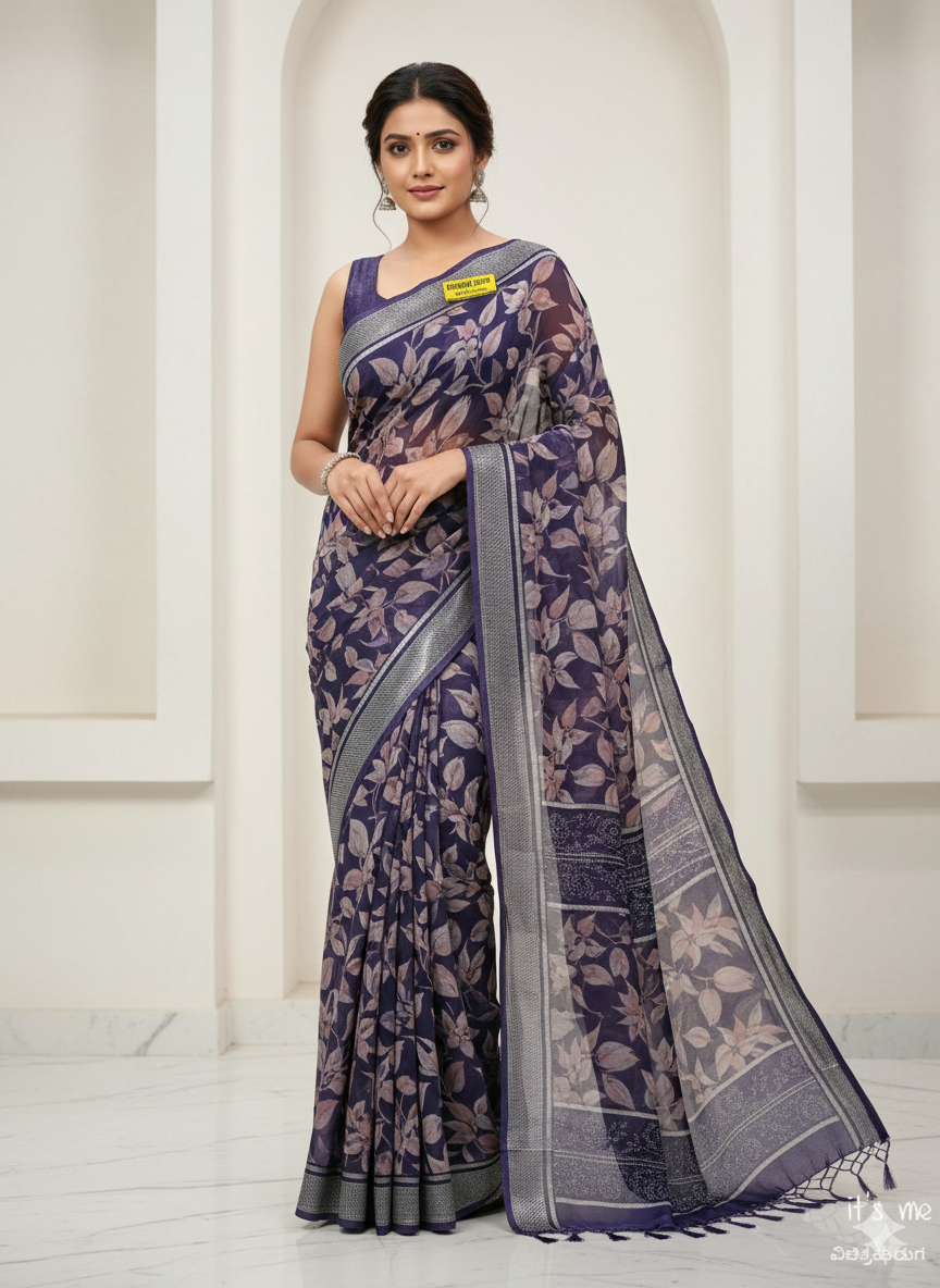 Krishna Leela Purple Floral Printed Saree with Blouse
