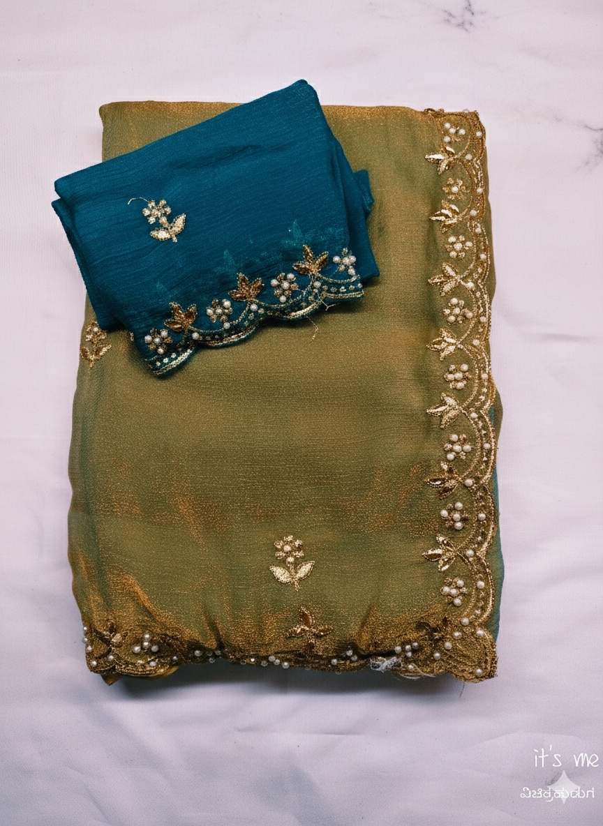 Designer Chiffon Saree with Golden Embroidery Border