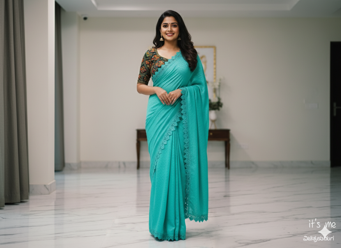 Turquoise Saree with Contrast, Embroidered Blouse Piece