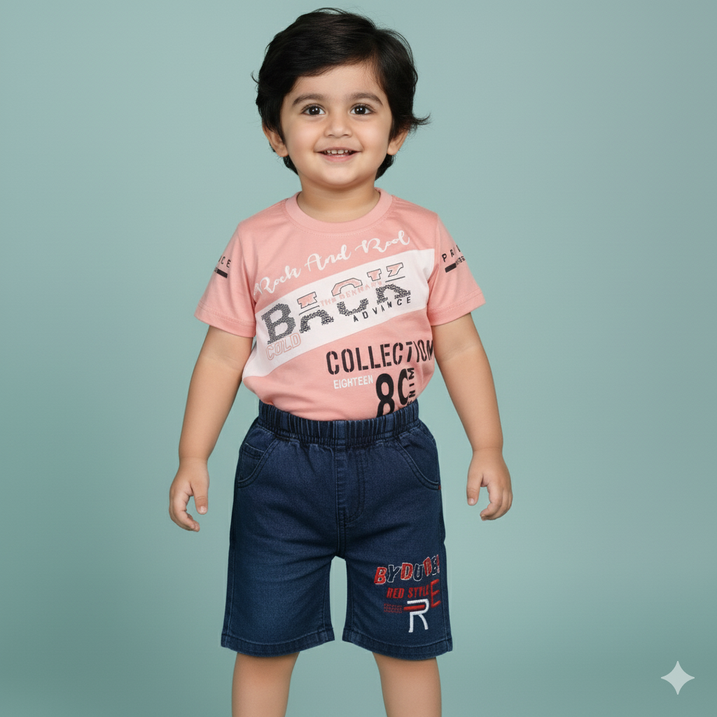 Trendy Kids Casual Outfit – Printed T-Shirt & Denim Shorts Set