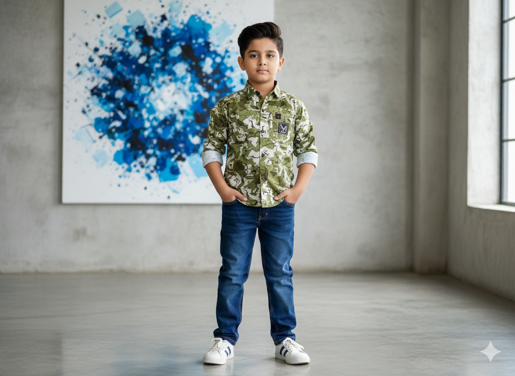 Boys Stylish Printed Shirt & Denim Jeans Pant Set