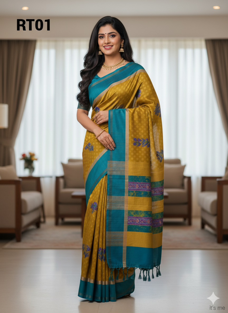 Elegant Cotton Saree with Golden Zari Work and Contrast Pallu