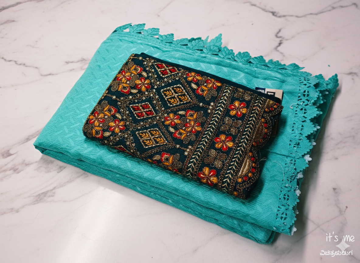 Turquoise Saree with Contrast, Embroidered Blouse Piece