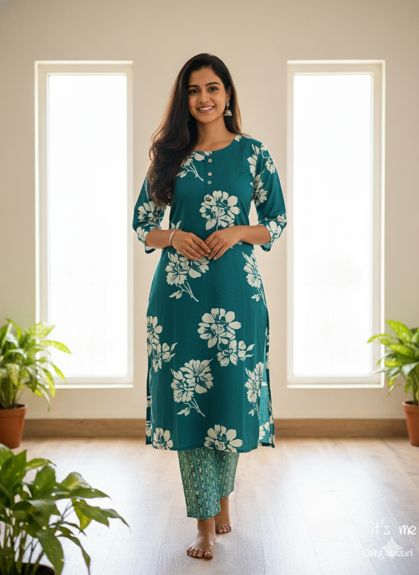 Teal Floral Printed Kurta with Straight Pants