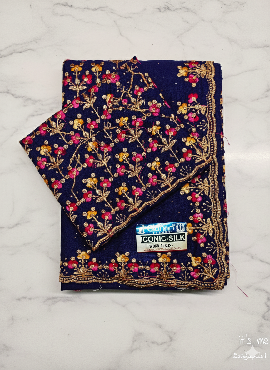 Georgette Floral Embroidery Border & Blouse Piece (Multi-Color)