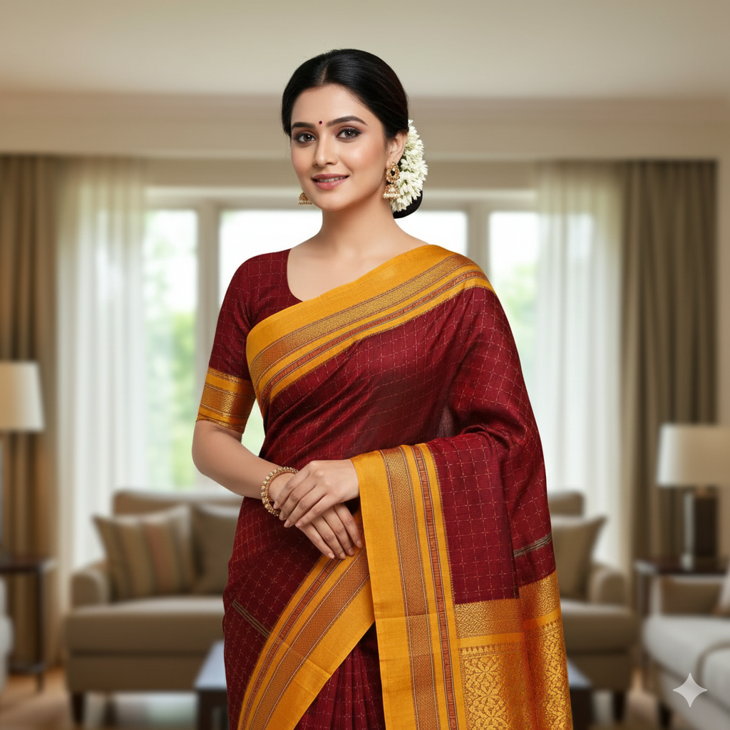 Elegant STAR Checkered Saree with Contrast Orange Zari Border WITHOUT TEMPLE – Traditional Festive Wear