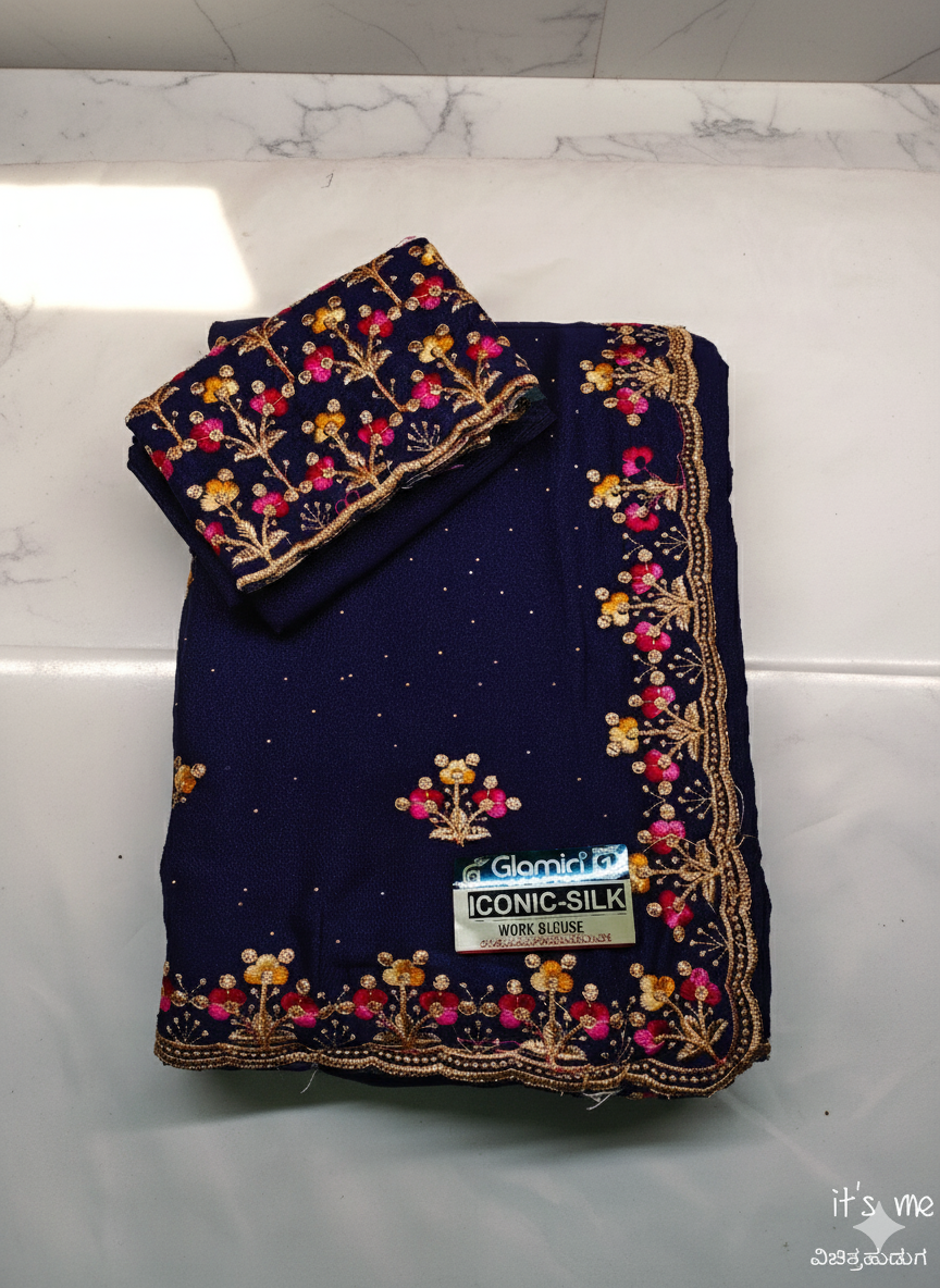 Georgette Floral Embroidery Border & Blouse Piece (Multi-Color)