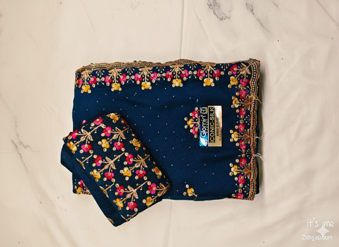 Georgette Floral Embroidery Border & Blouse Piece (Multi-Color)