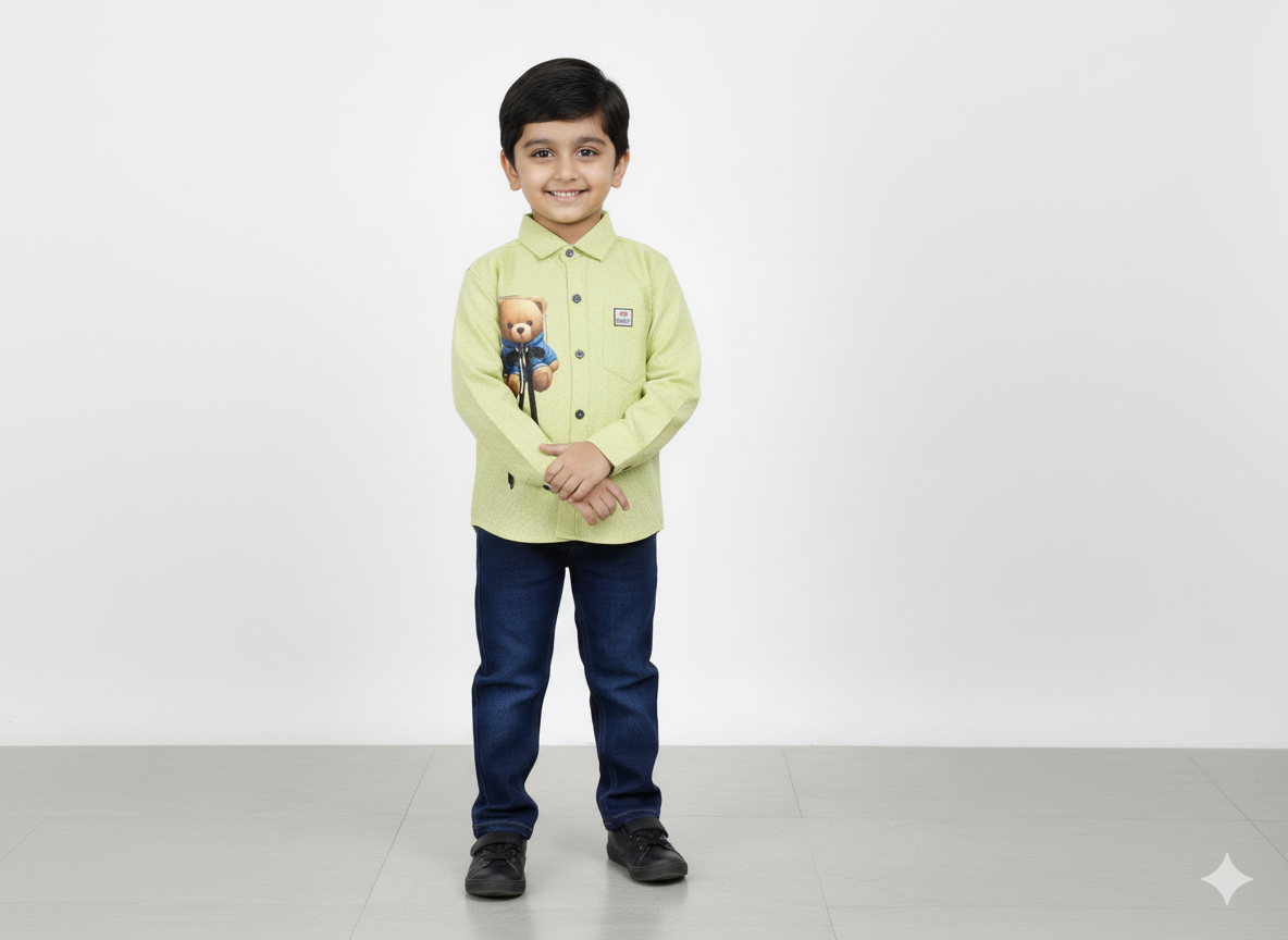 Boys Casual Shirt & Jeans Set – Pink Teddy Print Shirt with Blue Denim