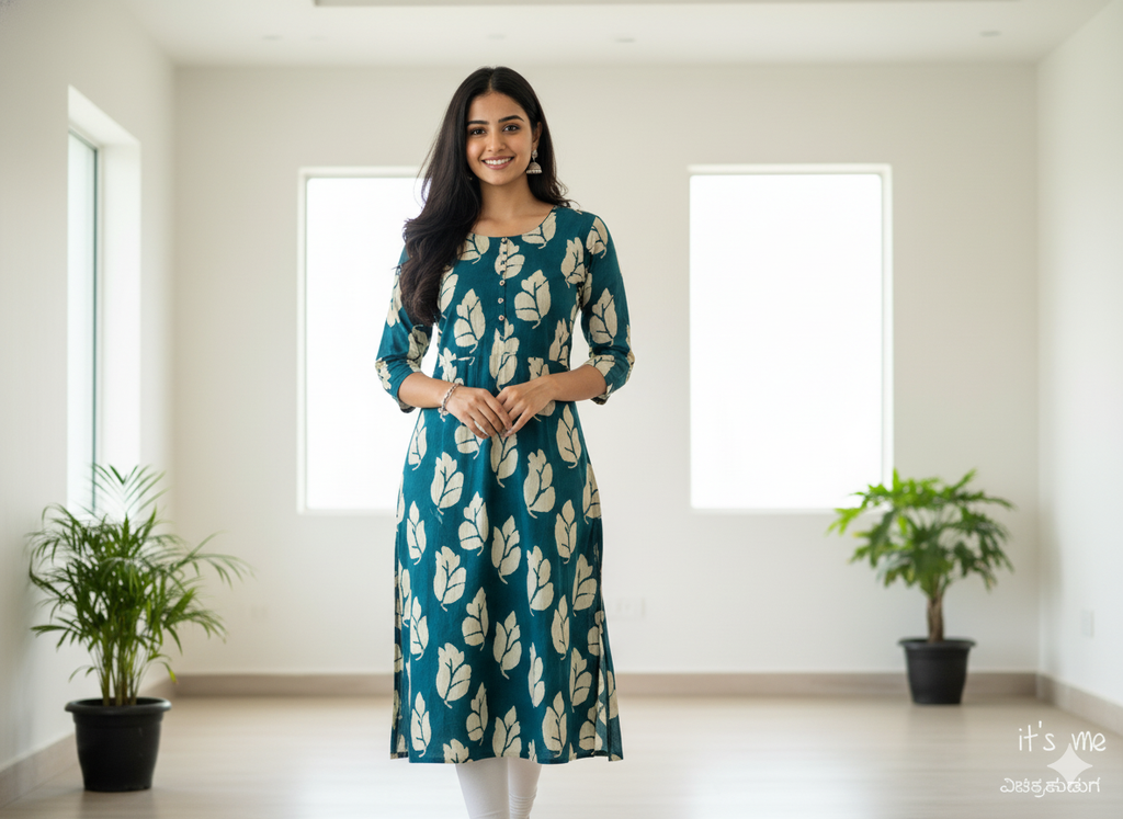 Teal Leaf Printed A-Line Kurta ( Top Only)