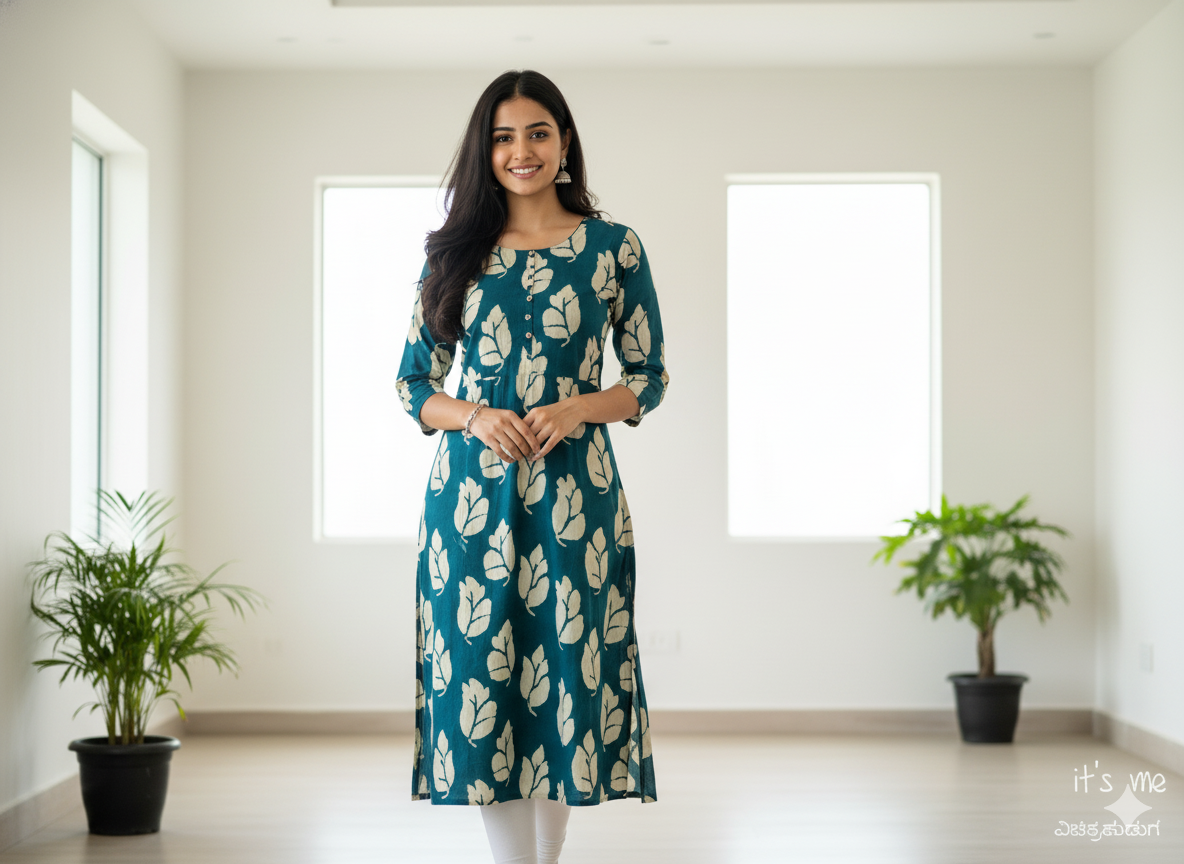Teal Leaf Printed A-Line Kurta ( Top Only)