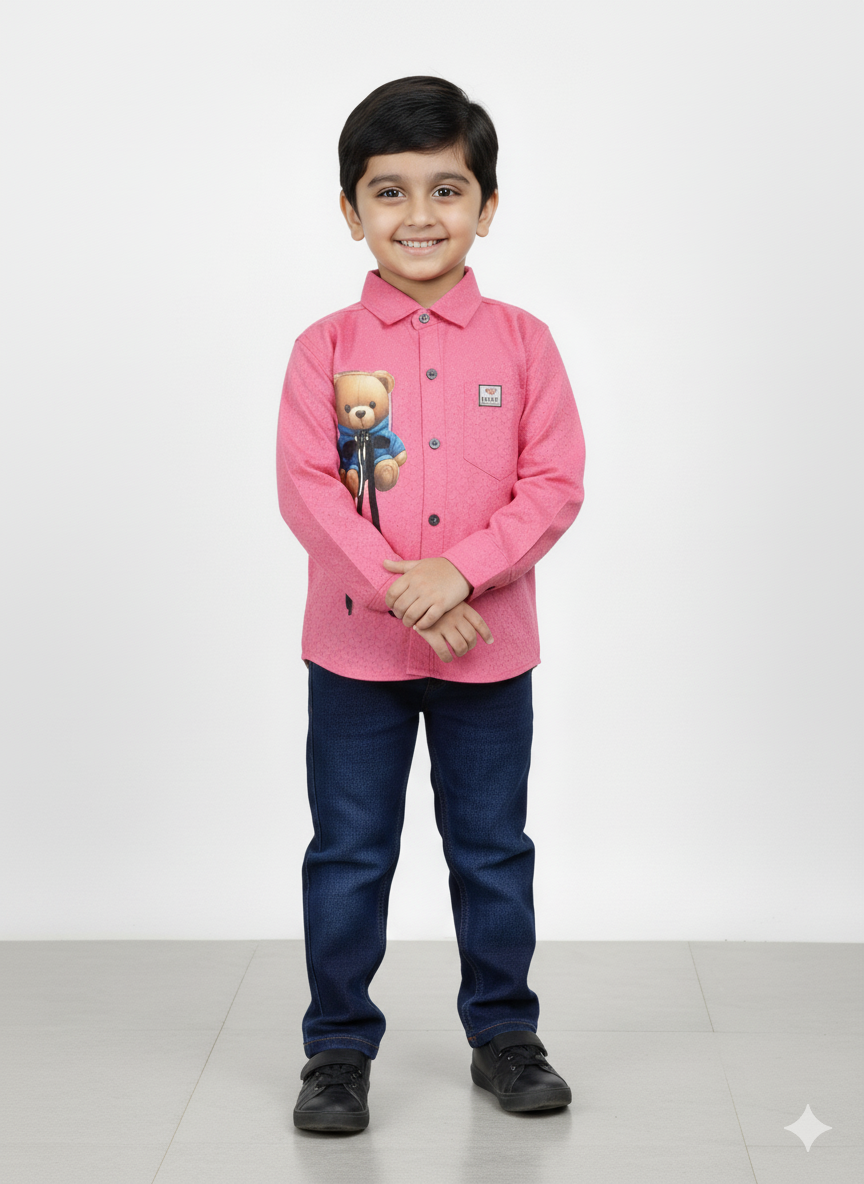 Boys Casual Shirt & Jeans Set – Pink Teddy Print Shirt with Blue Denim