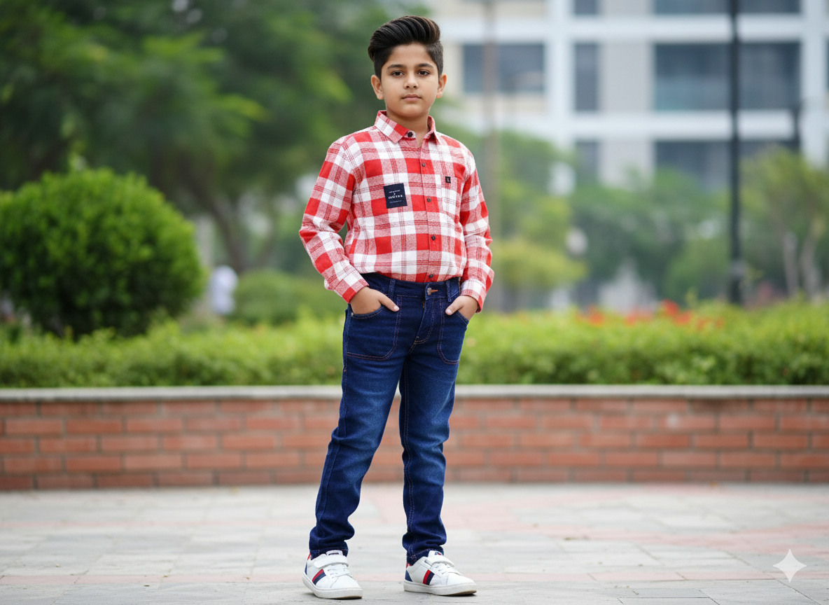 Boys Stylish Blue CHEKS Shirt & Denim Jeans Set