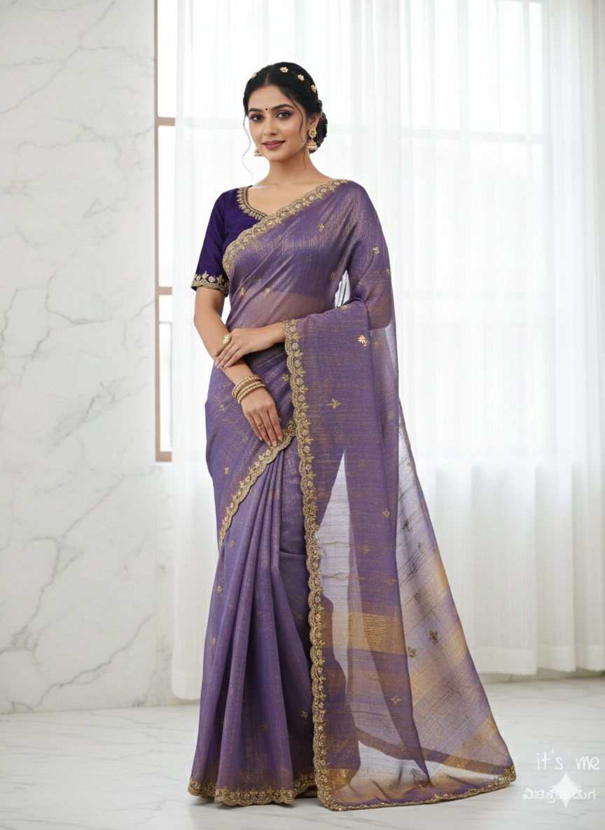 Designer Chiffon Saree with Golden Embroidery Border