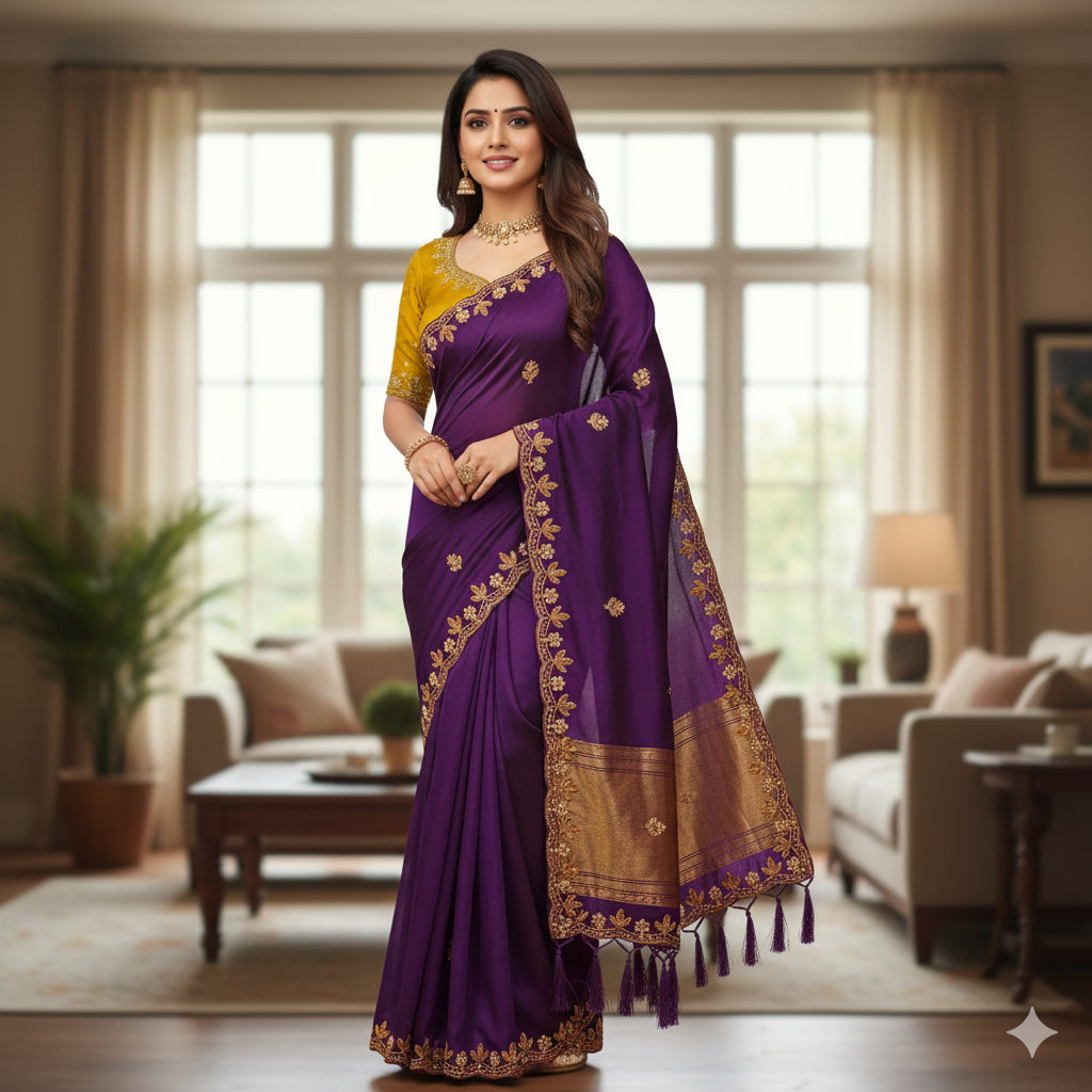Elegant Golden Embroidery Saree & Mustard Multicolour Blouse