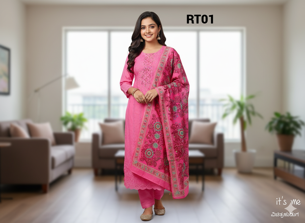 Elegant multicolour Embroidered Salwar Suit with Floral Dupatta