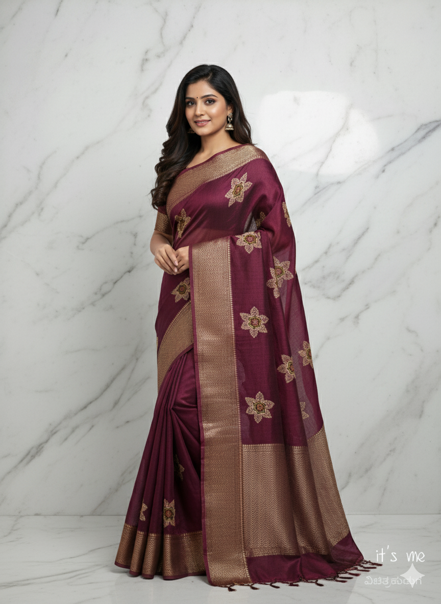 Elegant Cotton Saree with Golden Floral Design