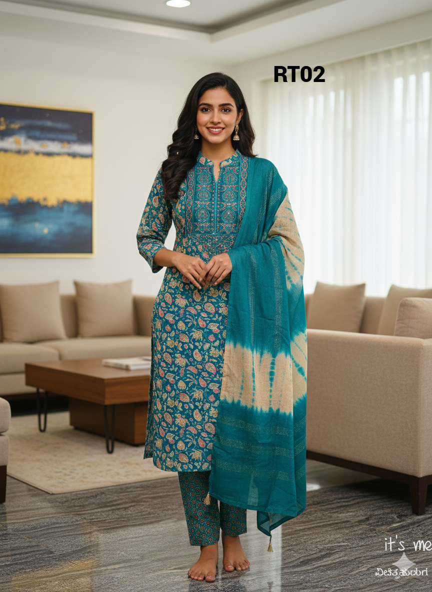 Elegant multicolour Embroidered Salwar Suit with Floral Dupatta