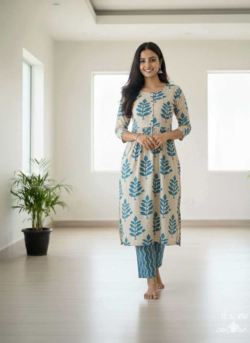 Teal Floral Printed Kurta with Straight Pants