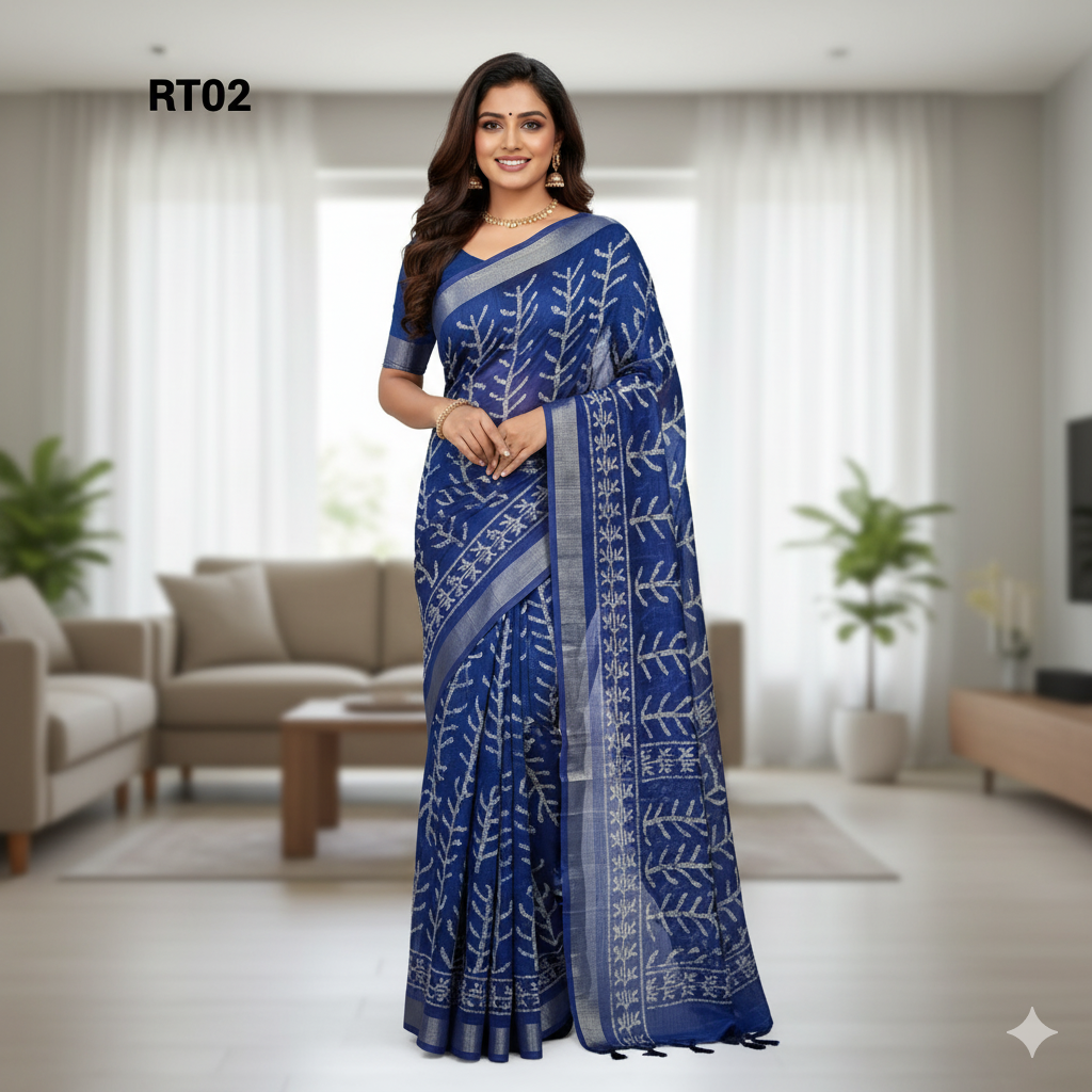 Handloom Saree with White Leaf Motifs