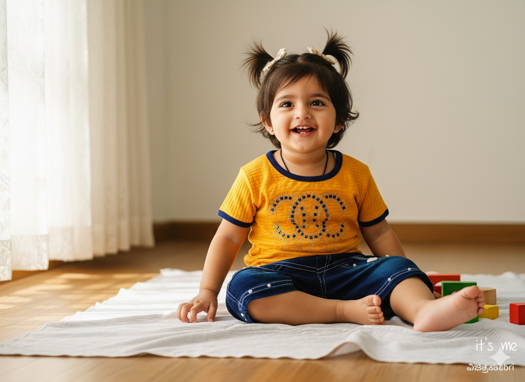 GIRL BABY Top and Denim Shorts Set with Embellishments