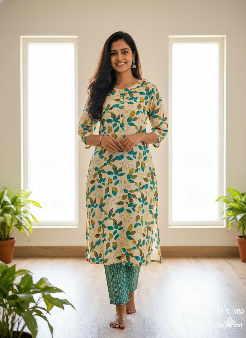 Teal Floral Printed Kurta with Straight Pants