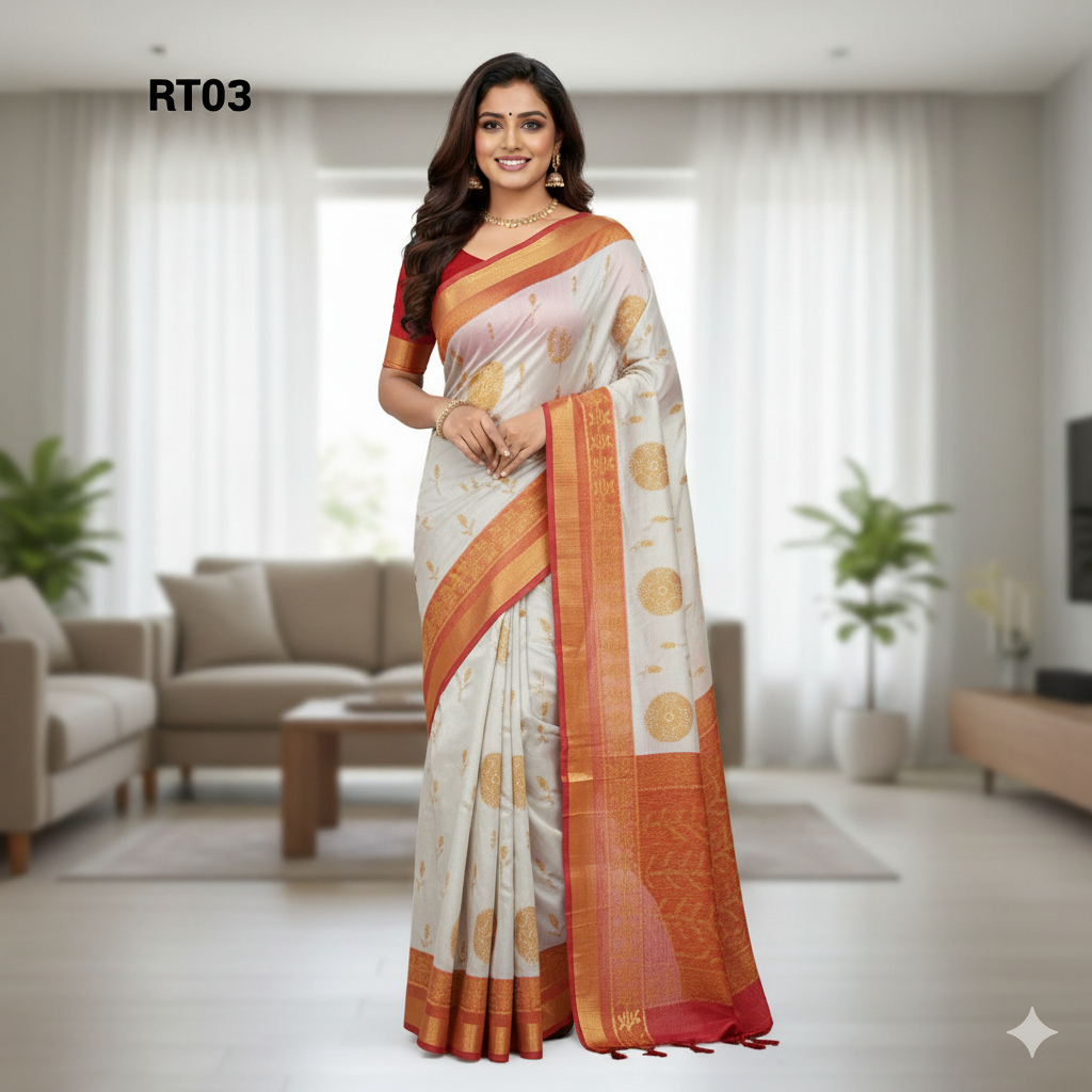Elegant Cotton Saree with Golden Zari Work and Contrast Pallu