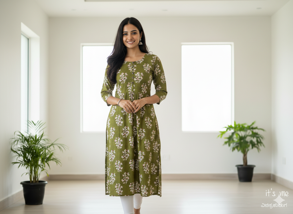Teal Leaf Printed A-Line Kurta ( Top Only)