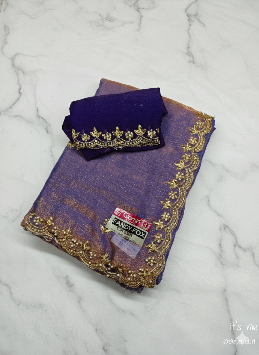 Designer Chiffon Saree with Golden Embroidery Border