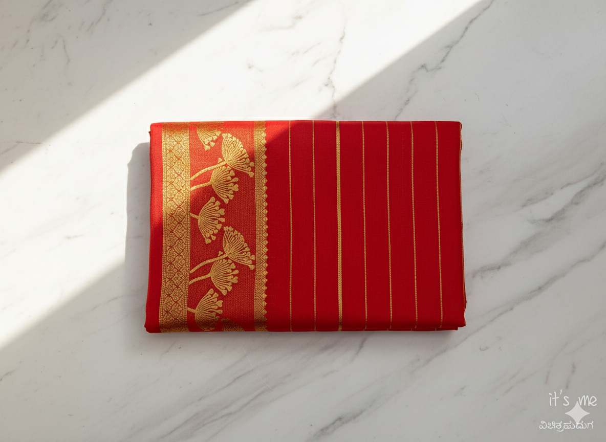 Mysore Crape Saree With Zari  Line, Golden Floral Zari Border (Dual Blouse)