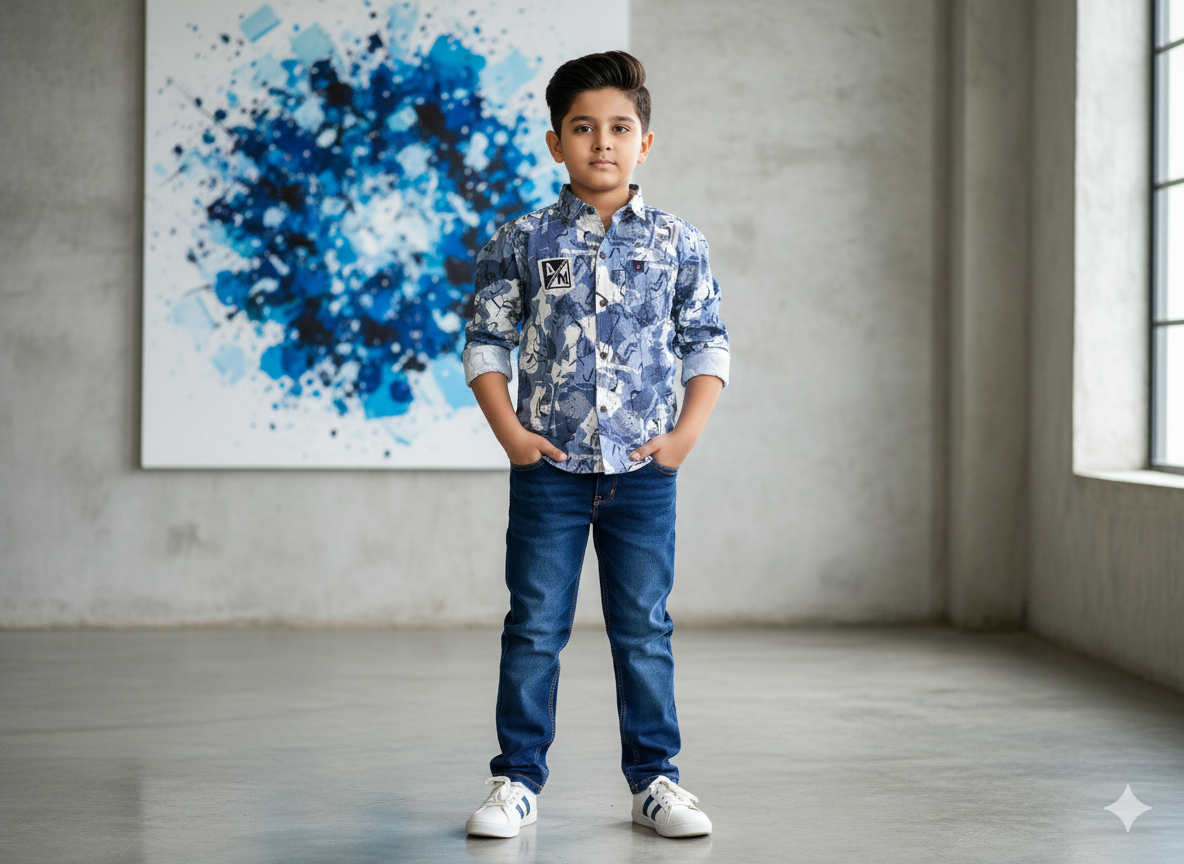 Boys Stylish Printed Shirt & Denim Jeans Pant Set