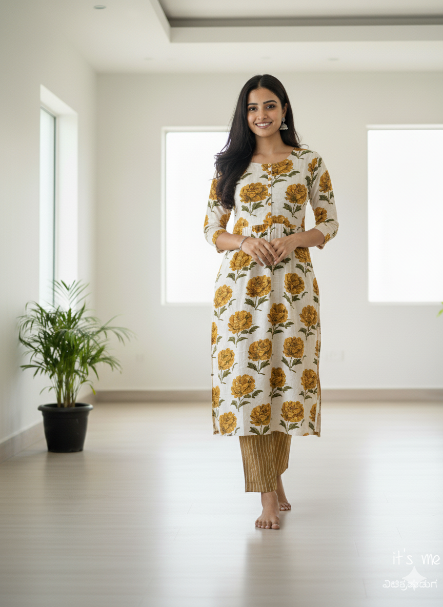 Teal Floral Printed Kurta with Straight Pants