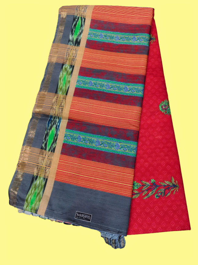 Elegant Cotton Saree with Golden Zari Work and Contrast Pallu