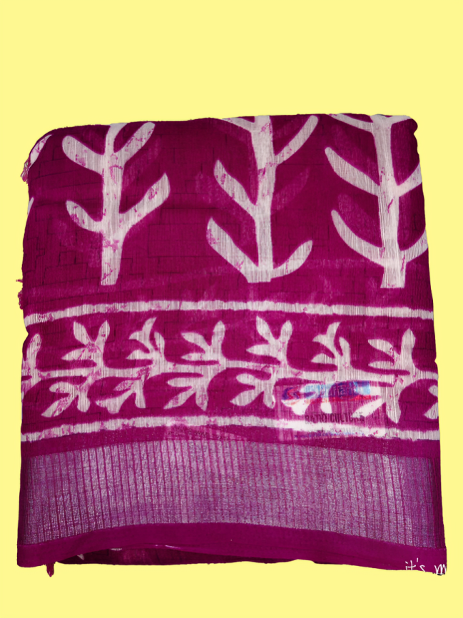 Elegant Handcrafted Printed Saree with Traditional Leaf & Floral Motifs