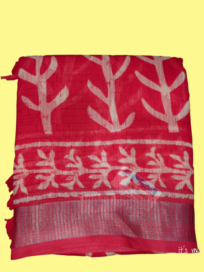 Elegant Handcrafted Printed Saree with Traditional Leaf & Floral Motifs